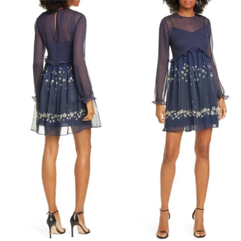 Ted Baker London Navy Blue Floral Zemi Pearl Print Sheer Mini Dress Size 8‎